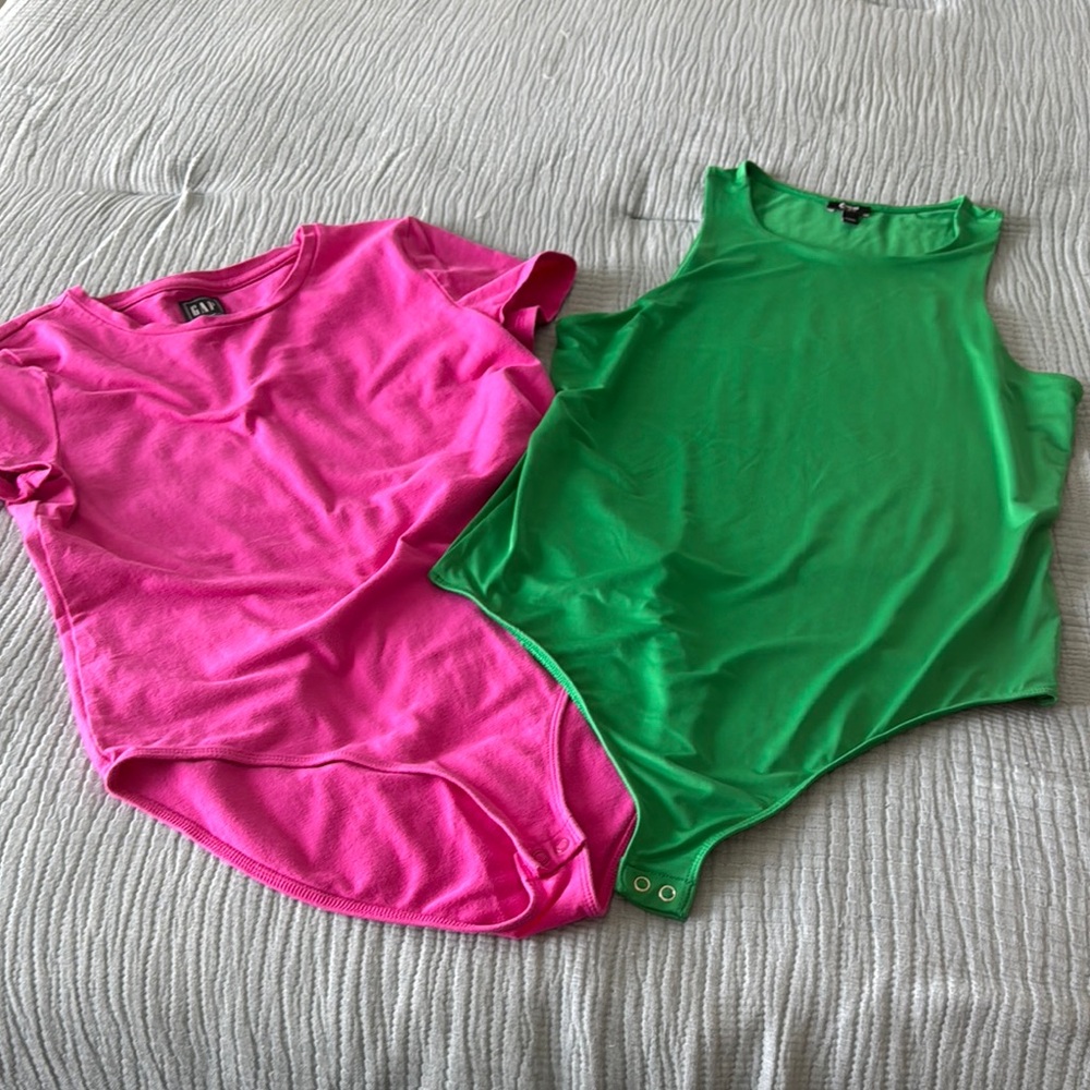 2 Bodysuits- GAP and Express Pink and Green Vibrant Colors Size L